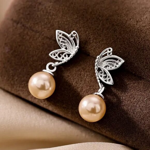 925 Sterling Silver Womens Hanging Natural Champagne Pearl Earrings New Jewelry